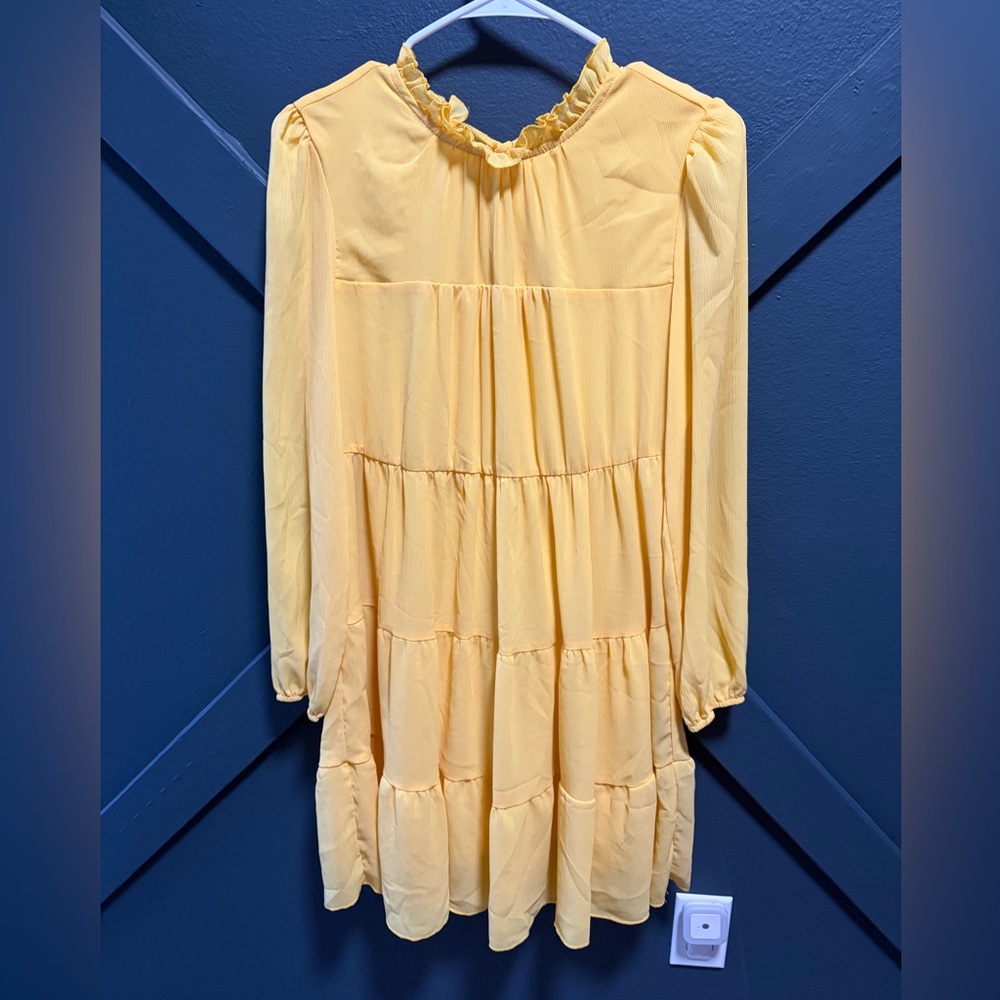 Sunny Yellow Tiered Women’s Lined Dress With Sheer Overlay and Sheer Sleeves